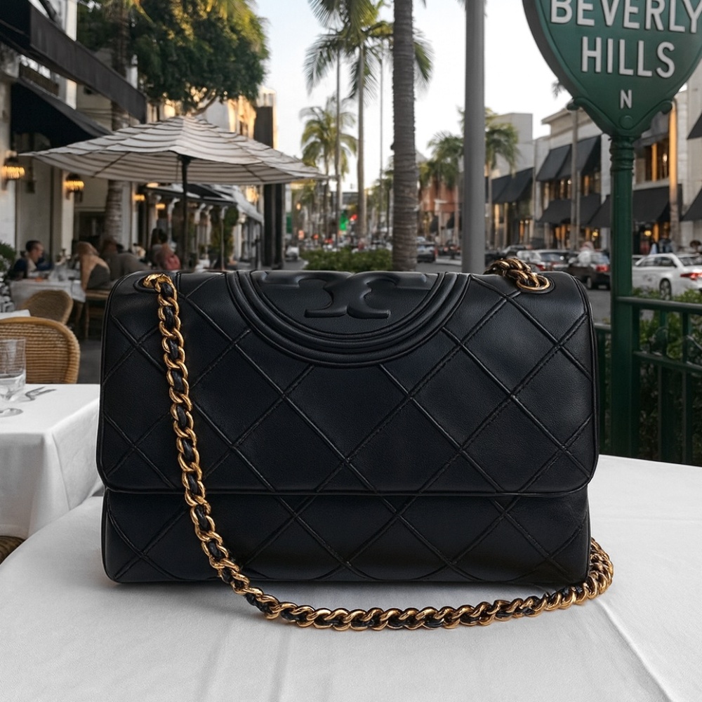 NEW Tory Burch Soft Fleming Black Leather Convertible Shoulder/Crossbody Bag